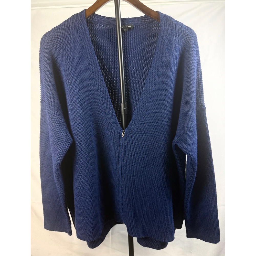 Eileen Fisher Women L Blue Merino Wool Half Zip V-Neck Boxy Sweater Quiet Luxury